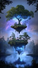 Floating Islands, Mystical Forest, Night Sky, Surreal Landscape