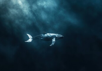 Fototapeta premium Majestic Humpback Whale Swimming Gracefully in Deep Ocean with Dramatic Light Rays and Mysterious Underwater Atmosphere
