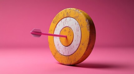 Pink background, rusty target, arrow hitting bullseye, achievement concept
