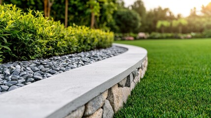 Construction Glass Aggregates Concept, Modern Garden Edging Design with Glass Aggregate and Concrete in Lush Green Landscape