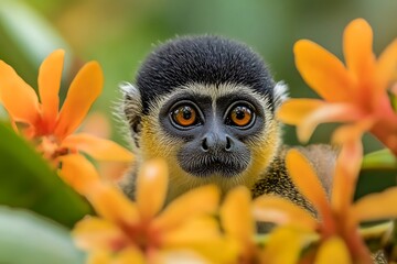 Monkey peers through orchids. Jungle closeup