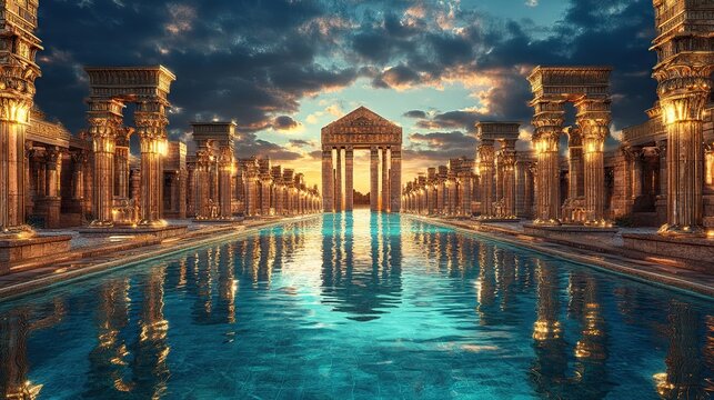 Architectural structure with pillars and water reflecting beautiful surroundings above