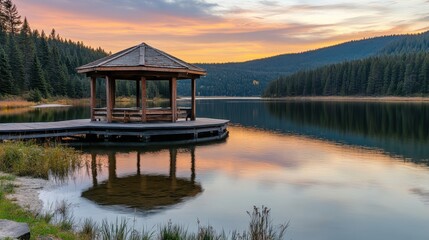 Fototapeta premium Tranquil lakeside pavilion at sunset with serene reflections