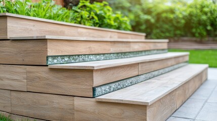 Construction Glass Aggregates Concept, Decorative Retaining Wall Featuring Exposed Glass Aggregate and Modern Step Design Enhancing Garden Landscape