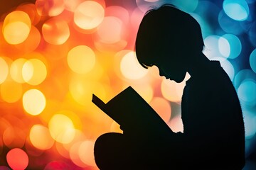 A person is reading a book against a colorful background