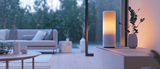 Minimal High-Tech Home Environment with Voice-Activated AI Adjusting Lighting and Temperature