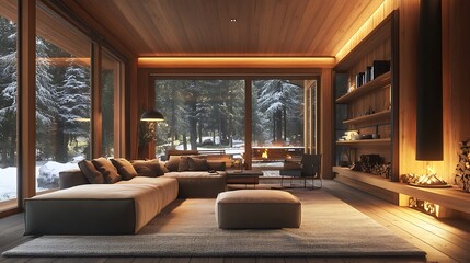Cozy Home Interior with Winter Forest View and Warm Fireplace