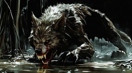A fierce wolf with bloodied mouth lunges forward aggressively in water