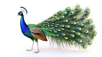 Majestic peacock with vibrant plumage displayed against a white background.