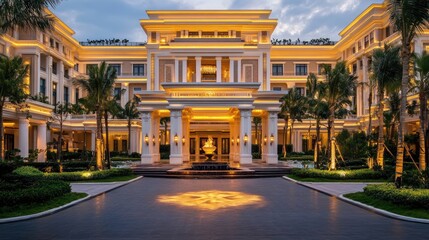 Fototapeta premium A luxury hotel entrance illuminated by warm golden lighting, creating a grand ambiance.
