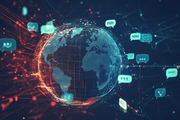 Obraz premium Futuristic Digital Globe Surrounded by Speech Bubbles Representing Multilingual Voice Search
