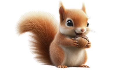 3D rendered squirrel holding an acorn, with a fluffy tail and lifelike eyes. The squirrel is isolated on a transparent background, with realistic shading to give it depth.