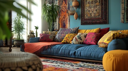 Colorful Pillows and Blanket Adorn Cozy Sofa in Bohemian Living Room