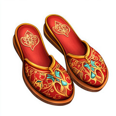 Red decorative slippers with intricate designs and wooden sole