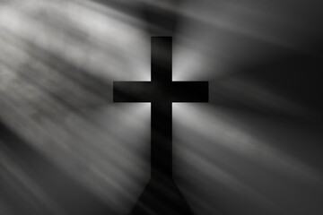 Black cross in the rays of light, simple Christian cross sign, 3D rendering illustration.