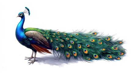 Obraz premium Majestic peacock with vibrant plumage and full tail feathers displayed.