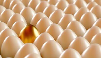 One gold egg among the usual ones. 3D rendering illustration.