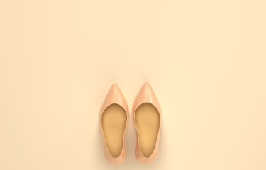 Women's beige shoes beige background. Top view. 3D rendering illustration.