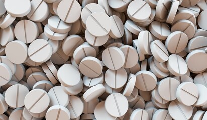A lot of medication and pills from above. 3D rendering illustration