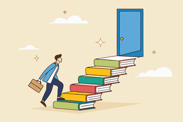 Education or learning for new opportunity, wisdom or knowledge to open door to success, solution, growth or career learning concept, businessman climb up book stack stair to reach opportunity door.