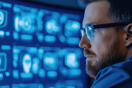 Bearded man with glasses examining blue digital interface. Data analysis and technology monitoring