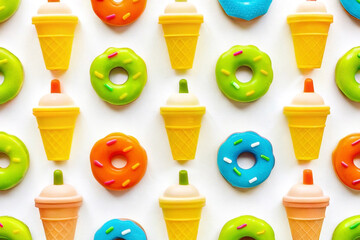 Colorful donuts and ice cream cones arranged in a repeating pattern on a white background. (1)