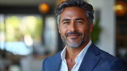 Obraz premium Confident Mature charismatic Businessman Smiling in Modern Office Setting