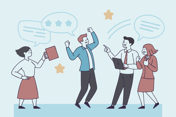 Employee feedback, opinion or rating review, customer service quality, survey result or social media comment, appraisal, evaluation or ranking concept, business people giving feedback communication.