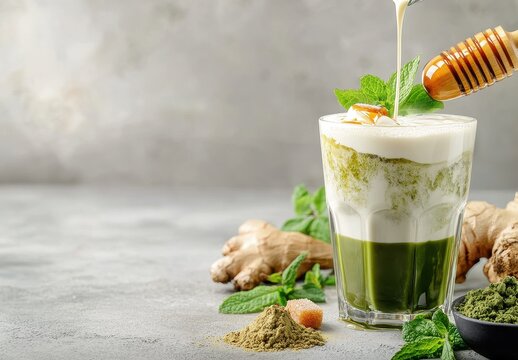 Refreshing Layered Matcha Green Tea Drink with Milk, Honey, Ginger and Mint in a Glass on a Rustic Grey Background