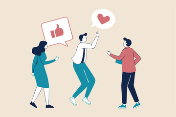 Social feedback, opinion or business advice, employee discussion, debate or customer comment, social media positive and negative feedback, people giving opinion with thumb up, thumb down feedback.