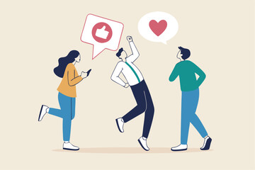Social feedback, opinion or business advice, employee discussion, debate or customer comment, social media positive and negative feedback, people giving opinion with thumb up, thumb down feedback.