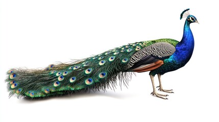 Obraz premium Majestic Indian peafowl with vibrant plumage displayed against a white background.