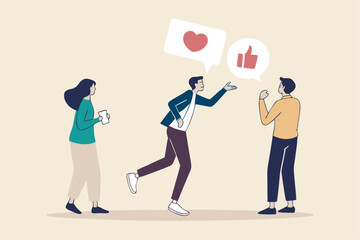 Social feedback, opinion or business advice, employee discussion, debate or customer comment, social media positive and negative feedback, people giving opinion with thumb up, thumb down feedback.