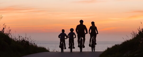 Family enjoys a scenic bike ride at sunset together