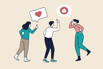 Social feedback, opinion or business advice, employee discussion, debate or customer comment, social media positive and negative feedback, people giving opinion with thumb up, thumb down feedback.