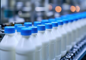 Obraz premium Rows of Fresh Milk Bottles on an Industrial Production Line with Blurred Background and Soft Bokeh Lights in a Dairy Processing Facility