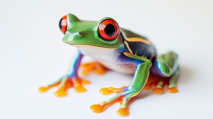 Fototapeta premium A vibrant red-eyed tree frog sits on a pristine white surface, its body a kaleidoscope of blues, greens, oranges, and yellows, with striking red eyes adding to its captivating allure