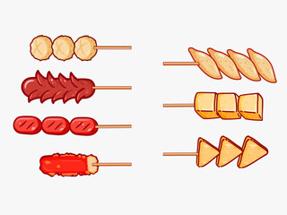 Deep fried meatballs logo cartoon design. Look-chin-tod street food Thailand. Hand drawn vector illustration premium.