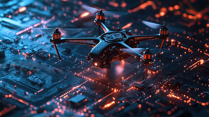 Black Drone Hovering Over Circuit Board in Futuristic Environment