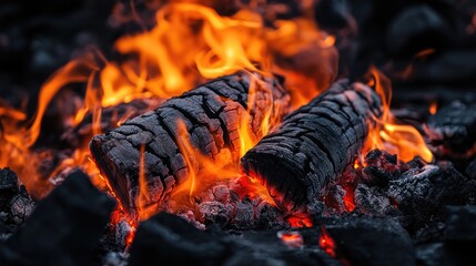 Close-up of a burning piece of wood with vibrant orange and red flames rising from it against a dark, minimal background.