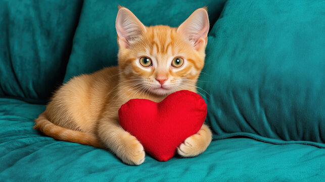 Orange tabby kitten with red heart pillow on teal velvet couch. Pet adoption and love concept - Powered by Adobe