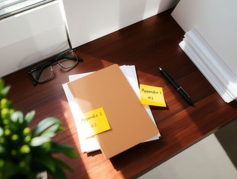 Office desk with documents and notes for project planning