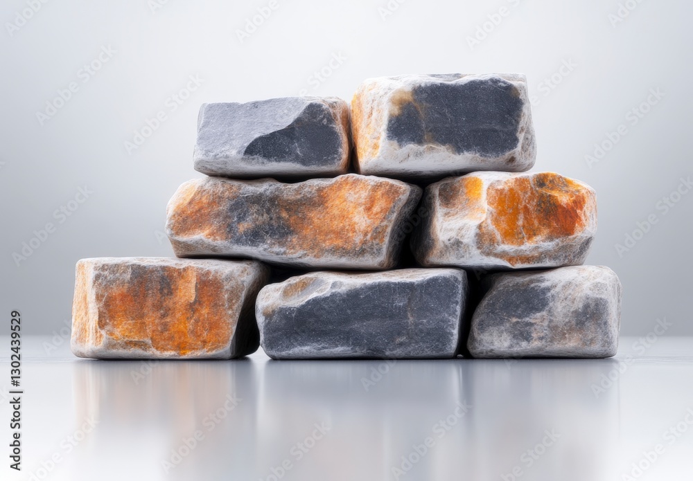 Poster pile of natural rock blocks displaying texture and color variation on reflective surface in studio s