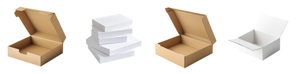 set of A white box of Stalis opened, a white box Stalis opened, boxes of different colors, Stalis opened white box, Stalis brand opened white box, on a transparent backgrounds