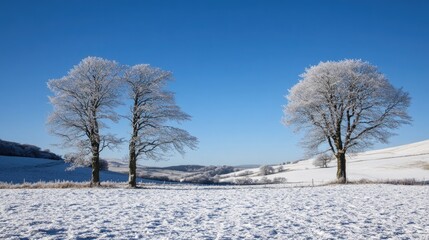 Fototapeta premium Snow falling against a clear blue sky, creating a contrast between the light snow and the crisp winter air with plenty of copy space.