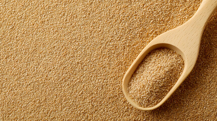 Fine grains of brown sugar in wooden scoop.