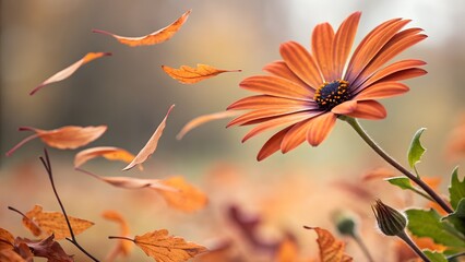 Autumn's Embrace: A close-up shot features an orange daisy standing strong against a backdrop of vibrant fall foliage, as falling leaves dance in the breeze.