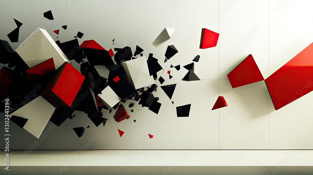 Poster d animated geometric figures breaking apart and reassembling in a dynamic motion, surrounded by an e