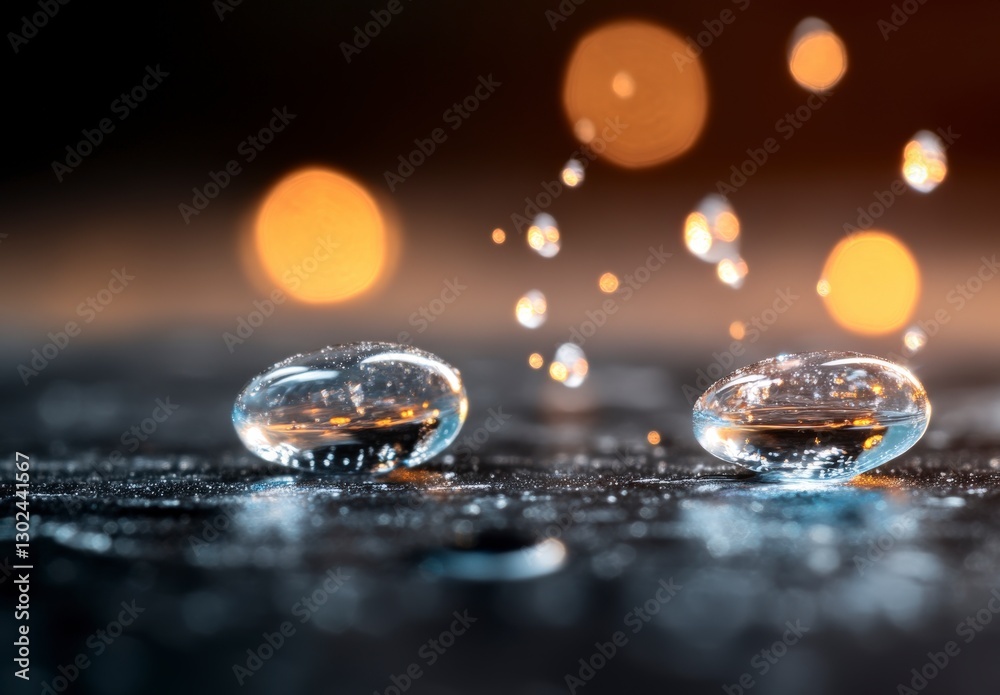 Poster close-up of water droplets on surface with soft background lights creating a dreamy and abstract eff