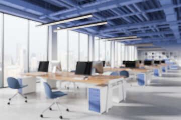 Modern office interior with computers and blue chairs. 3D Rendering